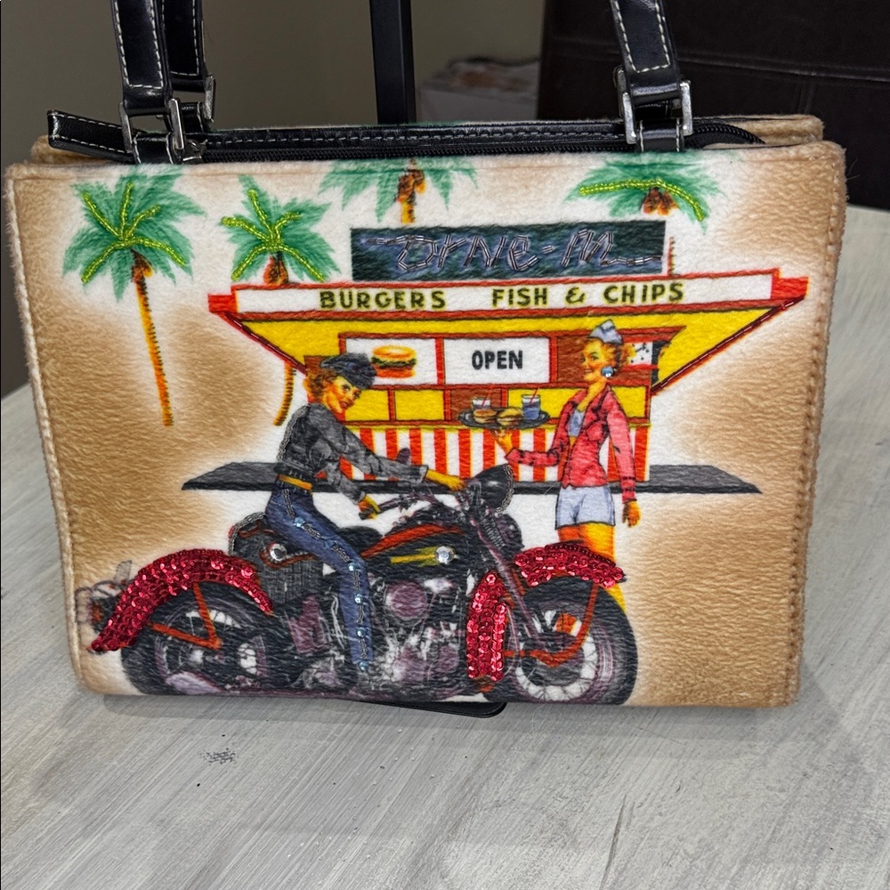 Vintage-Inspired Tan Shoulder Bag with Motorcycle and sequins Design